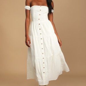 NWT S - Lulus Day at the Winery White Button-Front Off-the-Shoulder Midi Dress